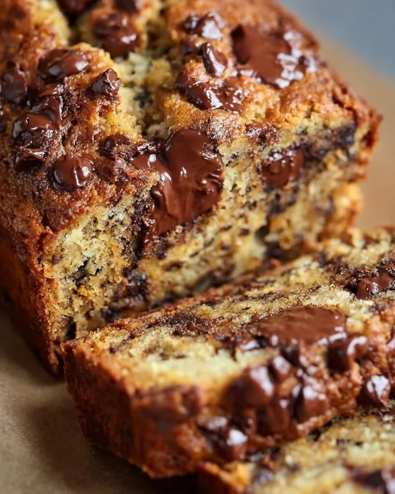 Freshly baked chocolate chip banana bread with melting chocolate chips