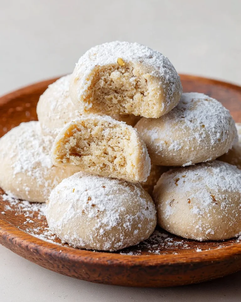 Delicious brown butter snowball cookies on a plate, dusted with powdered sugar.