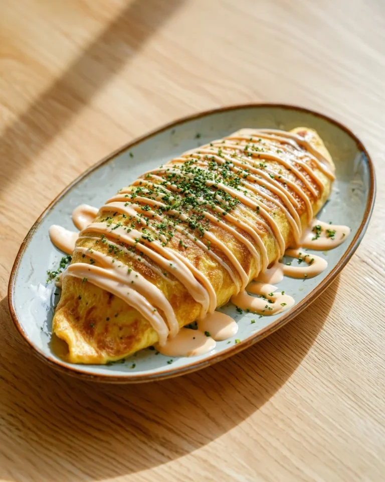 Delicious cheese crusted omelette rice served on a plate
