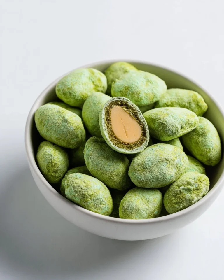 Matcha Candied White Chocolate Almonds in a decorative bowl