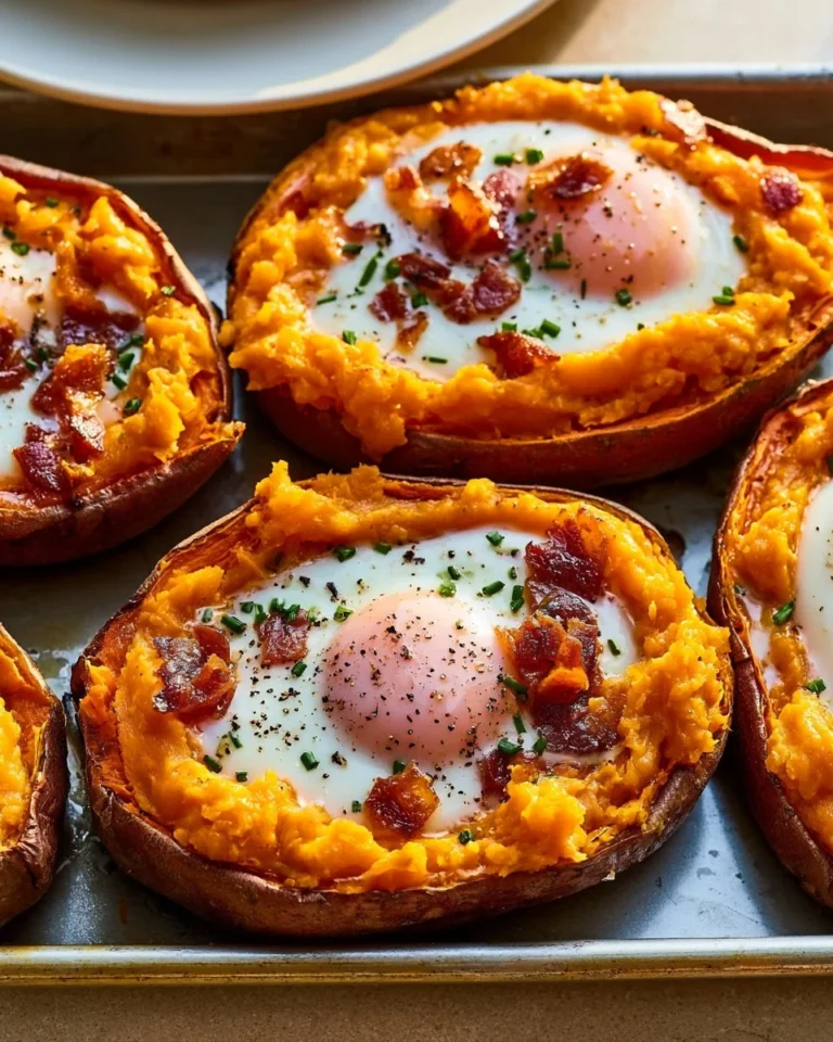 Delicious breakfast sweet potato topped with eggs and herbs