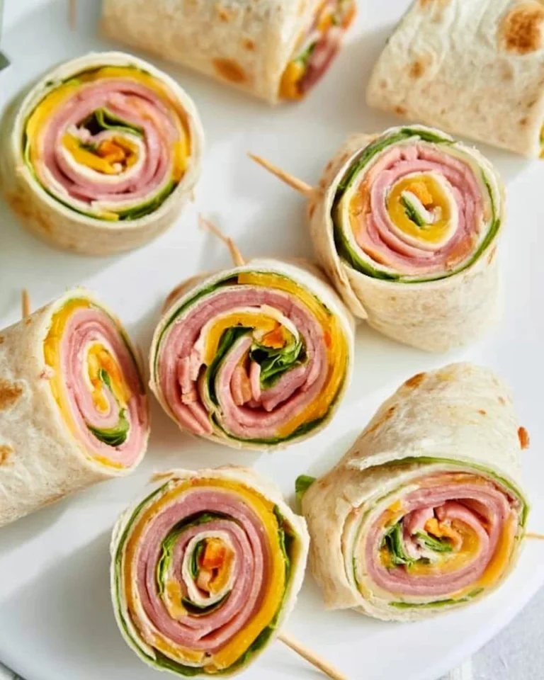 Delicious ham and cheese pinwheels on a plate, perfect for kids' lunches.