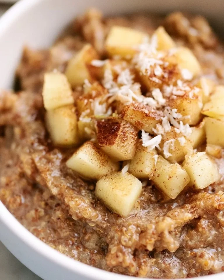 Healthy quinoa apple breakfast bowl topped with sliced apples and nuts