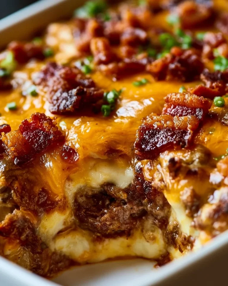 Low-carb bacon cheeseburger casserole topped with cheese and crispy bacon