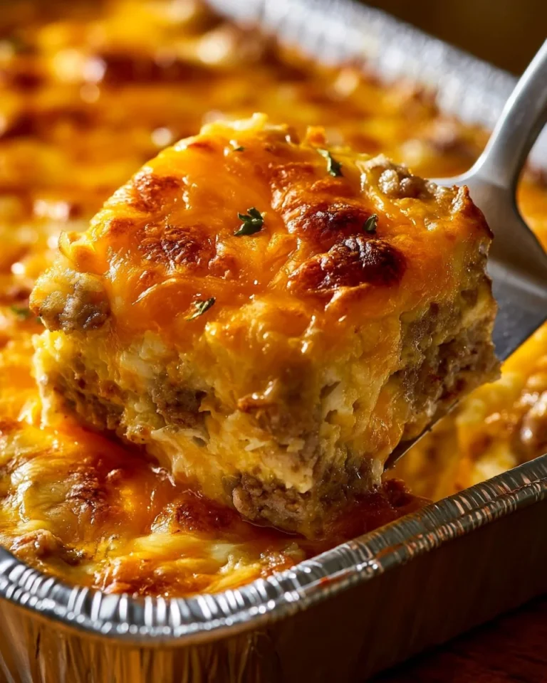 Sausage, Egg, and Cream Cheese Hashbrown Casserole served on a plate